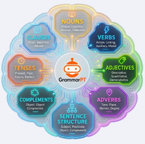 GrammarPT AI 문법 학습 다이어그램 - 명사, 동사, 형용사, 부사, 문장 구조, 보어, 시제, 절